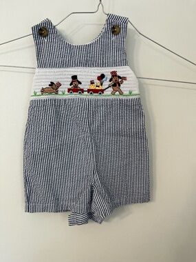 Striped Navy Seersucker Smocked Boys Romper - Patriotic Puppies